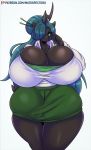  alternate_version_at_source anthro anthrofied arthropod big_breasts bottomwear breasts changeling cleavage cleavage_overflow clothed clothing curvy_figure eyewear female friendship_is_magic glasses green_bottomwear green_clothing green_eyes green_skirt hair hair_over_eye hi_res horn huge_breasts huge_thighs hyper hyper_breasts looking_at_viewer matospectoru my_little_pony one_eye_obstructed queen_chrysalis_(mlp) simple_background skirt solo squish text thick_thighs thigh_squish topwear url voluptuous white_background white_clothing white_topwear wide_hips 