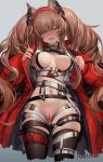  1girl am1m angelina_(arknights) animal_ears arknights ass_visible_through_thighs black_legwear blush breasts breasts_apart brown_hair censored coat eyebrows_visible_through_hair eyes_visible_through_hair grey_background hair_over_one_eye headgear highres large_breasts long_hair long_sleeves looking_at_viewer mosaic_censoring nail_polish navel no_panties open_clothes open_coat open_mouth pink_nails pouch pussy red_coat red_eyes sidelocks simple_background solo stomach thigh_strap thighhighs undressing very_long_hair wavy_mouth 