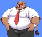  12beat13 2020 anthro blue_background bottomwear brown_body brown_fur clothing eyes_closed eyewear fur glasses humanoid_hands kemono male mammal necktie overweight overweight_male pants shirt simple_background solo suid suina sus_(pig) topwear wild_boar 