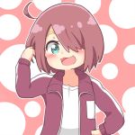  1girl :3 adjusting_hair ahoge blush brown_hair commentary_request cosplay dotted_background hand_in_hair himesaka_noa hoshino_miyako_(wataten) hoshino_miyako_(wataten)_(cosplay) jacket looking_at_viewer mitsukiro open_mouth shirt solo track_jacket watashi_ni_tenshi_ga_maiorita! white_shirt wig 