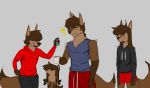  absurd_res anthro bottomwear canid canine canis chatting clothing commander_(commanderthings) commanderthings english_text eyewear girly glasses group hair hair_over_eyes hi_res long_hair male mammal meme messy_hair muscular one_eye_obstructed pants phone shorts simple_background smile text wolf youtuber 