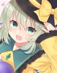  1girl black_headwear bow commentary frilled_sleeves frills green_eyes green_hair hand_on_headwear hat hat_bow heart komeiji_koishi long_sleeves looking_at_viewer medium_hair open_mouth pink_background shirt smile solo third_eye tosakaoil touhou upper_body yellow_bow yellow_shirt 