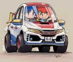  2girls blue_eyes blue_hair car chibi dirty_pair driving green_headband ground_vehicle gundam headband honda honda_civic kei_(dirty_pair) kiichi motor_vehicle multiple_girls parody red_eyes red_hair rx-78-2 short_hair yuri_(dirty_pair) 