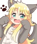  1girl :3 ahoge animal_costume animal_ears blonde_hair blush cat_costume cat_ears commentary_request eyebrows_visible_through_hair fake_animal_ears fang green_eyes himesaka_noa long_hair looking_at_viewer mitsukiro open_mouth paw_pose simple_background solo watashi_ni_tenshi_ga_maiorita! 