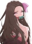  1girl absurdres blush brown_hair closed_mouth covered_nipples eyes_visible_through_hair fang highres japanese_clothes kamado_nezuko kimetsu_no_yaiba kimono long_hair pink_eyes rabbit_(wlsdnjs950) see-through simple_background slit_pupils solo tearing_up tears upper_body white_background 