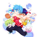  1boy :d ass barefoot blue_eyes blue_hair breasts carrying gintama_danshaku hair_ribbon highres jewelry kero_kero_chime long_hair looking_at_viewer mimori_(kero_kero_chime) multiple_girls necklace oldschool open_mouth princess_carry ribbon smile swimsuit twintails 