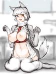  1girl absurdres animal_ear_fluff animal_ears bangs between_breasts blue_eyes blush breasts breath clothes_lift dog_(mixed_breed)_(kemono_friends) dog_ears dog_girl dog_tail elbow_gloves eyebrows_visible_through_hair full_body gloves grey_hair groin hands_up harness heterochromia highres jacket kemono_friends looking_at_viewer medium_breasts motion_lines multicolored_hair navel nipples no_bra no_pants open_clothes open_jacket open_mouth open_shirt pantyhose pantyhose_pull paw_pose shibori_kasu short_hair sitting solo stomach sweater sweater_lift tail tail_wagging tongue tongue_out two-tone_hair undershirt wariza white_hair yellow_eyes 