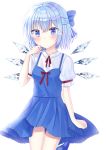  1girl adapted_costume arm_at_side arm_up blue_dress blue_eyes blue_footwear blush bow breasts cirno commentary_request dress expressionless eyebrows_visible_through_hair feet_out_of_frame folded_leg hair_between_eyes hair_bow hand_on_own_face looking_at_viewer nibosisuzu partial_commentary pinafore_dress puffy_short_sleeves puffy_sleeves red_neckwear red_ribbon ribbon shiny shiny_hair shirt short_sleeves simple_background small_breasts solo standing standing_on_one_leg touhou white_background white_shirt wings 