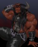  animal_humanoid anthro armor biceps big_muscles black_hair body_hair bracers dragon dragon_humanoid facial_hair guzreuef hair hand_in_hair hi_res horn humanoid jewelry long_hair looking_at_viewer male muscular muscular_male necklace pentagram red_body red_eyes solo topless_male touching_hair 