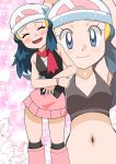  1girl alternate_costume beanie blue_eyes blue_hair breasts closed_mouth commentary dress hainchu hair_ornament hat highres hikari_(pokemon) long_hair looking_at_viewer open_mouth pokemon pokemon_(anime) pokemon_(game) pokemon_dppt pokemon_dppt_(anime) skirt smile solo 