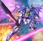  amasaki_yusuke artist_name blue_eyes energy_wings explosion gn_drive gundam gundam_00_sky gundam_build_divers holding holding_sword holding_weapon laser looking_to_the_side mecha mechanical_wings moon no_humans open_hand signature sword weapon wings 