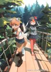  2girls animal_ears bare_shoulders blonde_hair bow bowtie brown_eyes brown_hair closed_eyes copyright cropped_shirt cutoffs day elbow_gloves eyebrows_visible_through_hair flower forest gloves grey_hair hair_between_eyes hair_flower hair_ornament hanging_bridge kemono_friends leggings legwear_under_shorts light_brown_hair long_hair maned_wolf_(kemono_friends) midriff multicolored_hair multiple_girls nature navel official_art okinawa_rail_(kemono_friends) open_mouth outdoors pantyhose red_hair rope_bridge saltlaver sandals scared shirt shoes short_shorts short_sleeves shorts skirt sleeveless sleeveless_shirt smile standing stomach tail tearing_up tree twintails vest walking white_hair wolf_ears wolf_tail wooden_bridge 