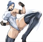  1girl abs black_gloves black_legwear blair_dame blue_hair breasts fighting_stance gloves highleg highleg_leotard leg_up leotard muscle muscular_female shibusun street_fighter street_fighter_ex_(series) thick_thighs thighhighs thighs tied_hair white_leotard 