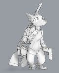  2020 absurd_res anthro backpack band-aid bandage barefoot canid canine cheek_tuft clothed clothing facial_tuft fox fully_clothed fur grey_background gun head_tuft hi_res holding_gun holding_object holding_weapon inner_ear_fluff mammal monochrome ranged_weapon rifle simple_background solo standing tuft weapon zhan 