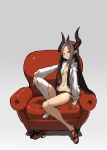  1girl black_hair breasts couch facial_mark forehead_mark grey_background highres horns lamian_(pixiv415608) long_hair navel original pointy_ears red_eyes sandals shoe_removed simple_background single_thighhigh sitting smile solo symbol-shaped_pupils thighhighs white_legwear 