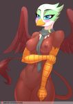  2020 anthro areola avian beak blue_eyes blush breasts casual_nudity chrysalisdraws digital_media_(artwork) feathered_wings feathers female friendship_is_magic genitals greta_(mlp) gryphon hi_res my_little_pony mythological_avian mythology nipples non-mammal_breasts nude patreon pussy simple_background solo text url wings yellow_beak 