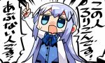  1girl arm_up bangs blue_bow blue_eyes blue_hair blue_vest blush bow chibi collared_shirt emphasis_lines eyebrows_visible_through_hair gochuumon_wa_usagi_desu_ka? hair_between_eyes hair_ornament index_finger_raised kafuu_chino kanikama long_sleeves lowres nose_blush open_mouth rabbit_house_uniform shirt sidelocks solo sweat translation_request uniform upper_body v-shaped_eyebrows vest waitress white_background white_shirt x_hair_ornament 