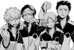  4boys alternate_hairstyle anger_vein angry blood blood_on_face bloody_clothes cuts dirty_clothes furrowed_eyebrows greyscale ikoma_tatsuhito injury long_sleeves looking_at_viewer looking_away looking_down male_focus middle_finger minamisawa_kai mizukami_satoshi_(world_trigger) mole mole_under_eye monochrome multiple_boys nama_(myouko) nosebleed oki_kouji open_mouth short_sleeves side-by-side spiked_hair thumbs_down upper_body visor_cap widow&#039;s_peak world_trigger 