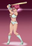  1980s_(style) 1girl baseball batting_stance breasts cleavage dirty_pair gloves kei_(dirty_pair) oldschool one_eye_closed red_background red_eyes short_hair single_glove solo yosaku 