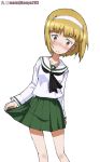  1girl artist_name bangs blonde_hair blunt_bangs blush closed_mouth commentary cosplay cutlass_(girls_und_panzer) eyebrows_visible_through_hair frown girls_und_panzer hairband kayabakoro leaning_to_the_side looking_at_viewer ooarai_school_uniform reizei_mako reizei_mako_(cosplay) school_uniform short_hair simple_background skirt_hold solo standing twitter_username white_background white_hairband yellow_eyes 