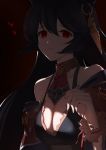  1girl absurdres aiu_eo animal_ears bangs bare_shoulders black_hair breasts choker cleavage ear_piercing erune granblue_fantasy highres long_hair looking_at_viewer nier_(granblue_fantasy) piercing red_eyes solo 