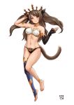  1girl animal_ears arknights arm_up bangs bare_shoulders barefoot bikini black_bikini black_ribbon blush breasts brown_eyes brown_hair cat_ears cat_tail cleavage closed_mouth commentary cosplay crown detached_sleeves eyebrows_visible_through_hair fate_(series) finalcake full_body hair_ribbon hand_up ishtar_(fate)_(all) ishtar_(fate/grand_order) ishtar_(fate/grand_order)_(cosplay) long_hair looking_at_viewer navel ribbon simple_background single_sleeve single_thighhigh skyfire_(arknights) smile solo swimsuit tail thighhighs thighs toeless_legwear white_background 
