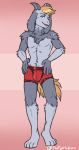  absurd_res anthro blonde_hair blue_eyes bovid caprine clothing floppy_ears fur geferon_(geferon) goat grey_body grey_ears grey_fur hair hi_res horn long_ears male mammal red_clothing red_underwear solo tigerinspace underwear 