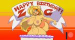 anthro areola banner birthday birthday_cake black_lipstick blonde_hair blue_eyes breasts cake canid canine canis domestic_dog female food genitals hair lipstick long_hair makeup mammal mastergodai multicolored_hair nipples nude one_eye_closed pop_out_cake pussy solo text wink yuriko 