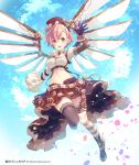  1girl age_of_ishtaria asymmetrical_clothes bangs blush breasts brown_hair gears gloves green_eyes hat jonejung looking_at_viewer mechanical_wings medium_breasts midriff mismatched_legwear mismatched_sleeves navel official_art open_mouth single_glove solo thighhighs wings 