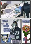  2020 anthro bed comic english_text felid female flower furniture grimart group hospital hospital_bed hospital_gown jonesy_hoovus_(grimart) leopard machine male mammal marnie_(grimart) pantherine plant robot text 