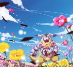  2020 anthro balls belly chibineco detailed_background digimon digimon_(species) eyes_closed flower gabumon genitals hi_res kemono male outside overweight overweight_male penis plant small_penis solo 