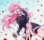  1girl blue_eyes epaulettes foreshortening hair_blowing holding holding_sword holding_weapon long_hair long_sleeves outstretched_arm petals pink_hair reaching_out rose_petals shoujo_kakumei_utena simple_background sleeve_cuffs solo sword tenjou_utena weapon zero-souma 