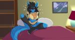  &lt;3 anthro bed bedroom between_breasts blush breast_smother breast_squish breasts eyes_closed female furniture inside lamp love lucario mastergodai nintendo pillow plushie pok&eacute;mon pok&eacute;mon_(species) self_hug sitting smothering solo squish tailwag teddy_bear video_games 
