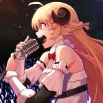  1girl ahoge blonde_hair braid breasts commentary concert detached_sleeves dress eyebrows_visible_through_hair from_side fur_collar glint glowstick hair_between_eyes hair_ornament hair_ribbon hololive horns long_hair medium_breasts microphone microphone_stand mikan_(chipstar182) music open_mouth profile purple_eyes ribbed_dress ribbon sheep_horns singing solo straight_hair sweat teeth tongue tsunomaki_watame upper_body virtual_youtuber white_dress 