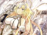  1girl blonde_hair blue_eyes breasts chain fate/apocrypha fate/grand_order fate_(series) feathers flag gauntlets jeanne_d&#039;arc_(fate) jeanne_d&#039;arc_(fate)_(all) kazabana_fuuka light_rays long_hair sword weapon 