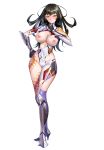  1girl asymmetrical_legwear black_hair blush bodysuit breasts full_body gloves hand_on_hip high_heels highres large_breasts leg_tattoo looking_at_viewer medium_hair nipples simple_background solo standing taimanin_rpgx tattoo torn_clothes vambraces white_background yellow_eyes zol 