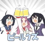  3girls absurdres ahoge alcohol bangs beer beer_mug black_hair blue_eyes brown_eyes cheno_(amakuchi_mustard) cup eyebrows_visible_through_hair fang highres holding jun&#039;you_(kantai_collection) kako_(kantai_collection) kantai_collection long_hair mug multiple_girls nachi_(kantai_collection) ponytail purple_eyes purple_hair red_neckwear sailor_collar school_uniform serafuku side_ponytail simple_background spiked_hair translation_request 