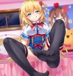  1girl :p akai_haato bed black_legwear blue_eyes blurry blurry_background breasts hair_ornament highres hololive kasaran looking_at_viewer no_shoes panties pantyshot poster sitting solo thighhighs tokino_sora tongue tongue_out underwear virtual_youtuber white_panties window 