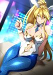  1girl ahoge animal_ears artoria_pendragon_(all) artoria_pendragon_(swimsuit_ruler)_(fate) bangs bare_shoulders blonde_hair blue_legwear blue_neckwear blush braid breasts bunny_ears bunnysuit cleavage closed_mouth cocktail_glass collarbone cup detached_collar drinking_glass fate/grand_order fate_(series) fishnet_legwear fishnets french_braid green_eyes hair_between_eyes hera_(hara0742) highleg highleg_leotard highres large_breasts leotard long_hair looking_at_viewer navel navel_cutout necktie ponytail sidelocks sitting smile solo thighs tiara white_leotard wrist_cuffs 