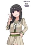  1girl bangs beige_sailor_collar beige_serafuku beige_skirt black_hair blunt_bangs bobokuboboku braid character_name commentary_request cowboy_shot grin hair_over_shoulder hair_ribbon hand_on_hip highres kantai_collection kitakami_(kantai_collection) long_hair midriff navel neckerchief pleated_skirt purple_eyes remodel_(kantai_collection) ribbon sailor_collar school_uniform serafuku sidelocks single_braid skirt smile solo tress_ribbon twitter_username v white_neckwear 