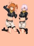  2girls ahoge bangs belt bike_shorts bike_shorts_under_shorts black_footwear black_shirt blush bodysuit_under_clothes boots breasts brown_belt brown_scarf commentary cosplay crop_top double_v eyebrows_visible_through_hair fate/grand_order fate_(series) fujimaru_ritsuka_(female) fujimaru_ritsuka_(female)_(cosplay) full_body grin groin hair_between_eyes hair_ornament hair_over_one_eye hair_scrunchie hands_up highres jumping knee_boots large_breasts lavender_hair looking_at_viewer mash_kyrielight midriff mochigana multiple_girls navel open_mouth orange_background orange_eyes orange_hair purple_eyes scarf scrunchie shirt short_hair shorts side_ponytail sidelocks simple_background smile true_ether_chaldea_uniform v white_shorts yellow_scrunchie 