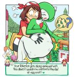  2017 abdominal_bulge belly big_belly breasts brown_hair clothing dr--worm duo english_text female gardevoir green_hair hair hand_on_stomach headscarf human humanoid mammal may_(pok&eacute;mon) nintendo outside pok&eacute;mon pok&eacute;mon_(species) red_clothing simple_background speech_bubble text video_games vore white_body 