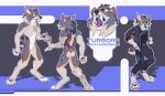  5_fingers anthro canid canine canis claws clothed clothing digital_media_(artwork) english_text felid fingers fur hi_res kyander machairodontine male mammal nude open_mouth paws robotic_arm robotic_leg simple_background smilodon solo standing teeth text tongue wolf 
