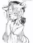  1girl ahoge animal_ears blush closed_eyes ear_wiggle ears_down facing_viewer flying_sweatdrops fox_ears greyscale hands_up hat highres hololive long_sleeves monochrome nanashi_(nlo74593630) parted_lips shirakami_fubuki simple_background smile solo white_background wide_sleeves 