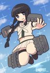  1girl adapted_turret bangs beige_sailor_collar beige_serafuku beige_skirt black_hair blue_sky blunt_bangs braid cannon cloud commentary_request full_body hair_over_shoulder highres jumping kantai_collection kitakami_(kantai_collection) long_hair looking_at_viewer midriff neckerchief panties pantyshot pleated_skirt remodel_(kantai_collection) sailor_collar school_uniform serafuku sidelocks simoyuki single_braid skirt sky solo sparkle torpedo_launcher turret underwear white_neckwear white_panties 