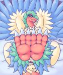  2020 3_toes absurd_res animal_genitalia archeops avian barefoot bed bedroom bedroom_eyes big_feet blue_body blue_feathers blush bodily_fluids book butt claws cloaca curvy_figure digital_media_(artwork) eyelashes feathered_wings feathers feet female feral first_person_view foot_focus foreshortening fossil_pok&eacute;mon front_view furniture genitals green_body green_eyes green_feathers half-closed_eyes hi_res inside looking_at_viewer lying narrowed_eyes nintendo on_back on_bed patohoro pok&eacute;mon pok&eacute;mon_(species) red_body red_feathers seductive signature slit_pupils smile solo spread_legs spreading thick_thighs toe_claws toes video_games wide_hips wings yellow_body yellow_feathers 