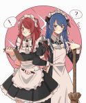  ! 2girls ? alternate_costume alternate_hair_length alternate_hairstyle apron arknights bangs black_dress black_nails blue_eyes blue_hair blush bow bowtie broom brown_eyes chinese_commentary circle commentary_request cowboy_shot dress enmaided exusiai_(arknights) eyebrows_visible_through_hair frilled_apron frills grin hair_over_one_eye hand_on_hip highres holding holding_pen horns locked_arms long_hair long_sleeves looking_at_viewer maid maid_apron maid_headdress mostima_(arknights) multiple_girls nail_polish neck_ribbon pen pesuto petticoat puffy_short_sleeves puffy_sleeves red_hair ribbon short_sleeves smile spoken_exclamation_mark spoken_question_mark waist_apron white_apron white_background white_bow white_neckwear white_ribbon 