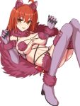  1girl ahoge animal_ears bangs blush bow breasts claw_pose cosplay dangerous_beast elbow_gloves elfenlied22 fang fate/grand_order fate_(series) fujimaru_ritsuka_(female) fur-trimmed_gloves fur-trimmed_legwear fur_collar fur_trim gloves halloween_costume highres knees_up lace lace-trimmed_legwear looking_at_viewer lying mash_kyrielight mash_kyrielight_(cosplay) navel o-ring on_back one_side_up open_mouth orange_eyes orange_hair purple_gloves purple_legwear red_bow revealing_clothes short_hair simple_background smile tail thighhighs thighs white_background wolf_ears wolf_tail 