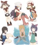  beanie black_hair blue_eyes blue_hair boots breasts brown_eyes brown_hair cabbie_hat character_request closed_mouth gen_1_pokemon gym_leader haruka_(pokemon) hat hat_ribbon highres hikari_(pokemon) kasumi_(pokemon) kotone_(pokemon) lass_(pokemon) long_hair looking_at_viewer multiple_girls nyonn24 open_mouth orange_hair overalls pink_footwear pokemon pokemon_(creature) pokemon_(game) pokemon_dppt pokemon_hgss pokemon_rse ribbon short_hair simple_background skirt starmie swimsuit twintails water white_background 