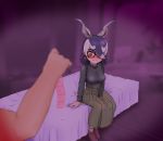  1girl @_@ alternate_costume animal_ears antelope_ears antelope_horns bangs bed black_hair black_sweater blackbuck_(kemono_friends) blurry blurry_background blurry_foreground blush casual closed_mouth condom condom_packet_strip condom_wrapper contemporary covering covering_crotch earrings extra_ears eyebrows_visible_through_hair furrowed_eyebrows grey_hair hair_over_one_eye highres holding holding_condom horns indoors jewelry kemono_friends long_skirt long_sleeves looking_at_another multicolored_hair nokemono-san_(bocchi_friend) nose_blush on_bed shoes sitting skirt solo_focus sweater swept_bangs tail two-tone_hair wavy_mouth 